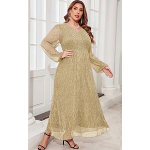 ZOMVA Plus Size Sparkly Mesh Maxi Formal Dress Long Sleeves V Neck A-line Size L